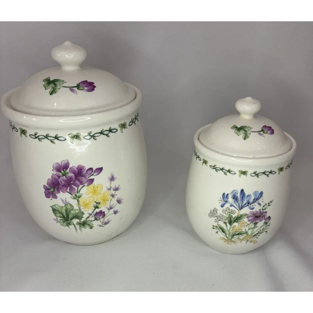 Thomson Pottery Garden Canister Set Of Two All With Lids Vintage